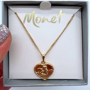 Vintage Monet Cherub Heart Pendant Necklace Gold Tone Cupid Angel Boxed